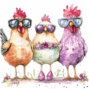 May include: Three cartoon chickens wearing sunglasses. The chicken on the left is brown with a black tail feather. The middle chicken is light blue with a purple flower crown. The chicken on the right is purple.