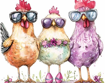 20 PNG Funny Chicken Trio Clipart – Cool Sunglasses Birds Illustration for Stickers, Farm Crafts, Sublimation, Spring Humor Design Projects