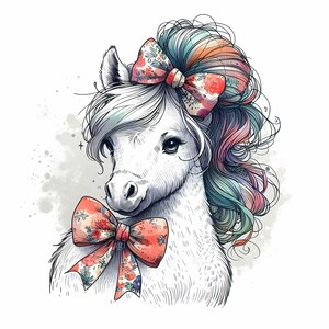 12 cliparts mignons poneys JPEG JPG – adorable poney blanc avec crinière arc-en-ciel, nœuds floraux pour les cheveux, grands yeux et douces touches d'aquarelle pastel