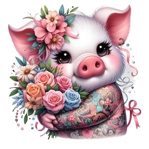 12 imágenes PNG de cerdos tatuados: un lindo cerdo con un ramo de flores. Arte digital de un cerdito caprichoso con flores.