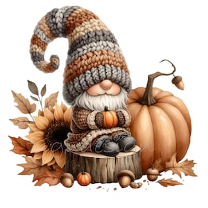 15 Clipart PNG di gnomi autunnali - Gnomo autunnale con zucca, girasole e cappello lavorato a maglia - Sublimazione del Ringraziamento per lavoretti stagionali