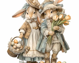 20 PNG Spring Rabbit Illustration Floral Tulips Basket Eggs Cottage Style Clipart
