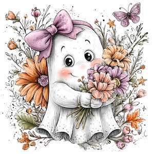 May include: A whimsical illustration of a friendly ghost holding a bouquet of flowers. The ghost wears a pink bow and has rosy cheeks. The image is surrounded by colorful flowers and a butterfly.