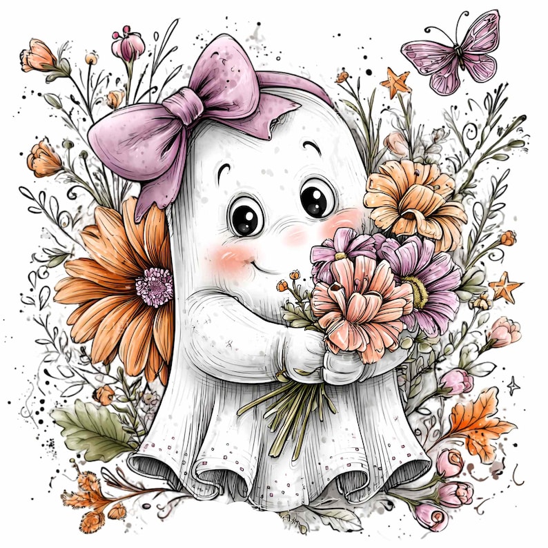May include: A whimsical illustration of a friendly ghost holding a bouquet of flowers. The ghost wears a pink bow and has rosy cheeks. The image is surrounded by colorful flowers and a butterfly.