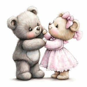 20 JPEG 踊るクマのカップル クリップアート JPEG – 恋するかわいいクマ、リボンとドレスを着た愛らしいイラスト、工芸品や装飾用