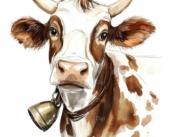 36 JPEG Rustic Cow Clipart - Brown and White Dairy Cow with Bell, Farmhouse Animal Art, Country Illustration, JPG Download