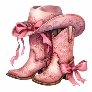 12 rosa Cowboy-Stiefel und Hut PNG Clipart, Western-Stiefel mit rosa Bögen Illustration, Cowgirl Party Dekor Kunst