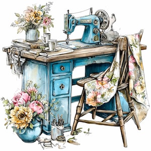 May include: A watercolour illustration of a vintage sewing machine on a blue desk. The desk has drawers, a wooden top, and is decorated with flowers, books, and sewing accessories. A floral scarf drapes over a wooden chair, and vases of flowers are on the desk.