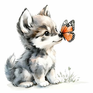 27 jpeg-vlinder en babywolf – schattige jpg-clipart – bosdierenkunst voor kinderkamerdecoratie, babyshower of kinderkamer
