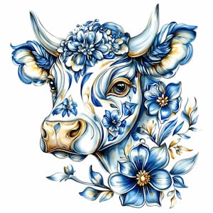 11 mucca floreale PNG – clipart di testa di mucca ad acquerello – arte di animali da fattoria per decorazioni rustiche, artigianato di campagna o progetti di sublimazione