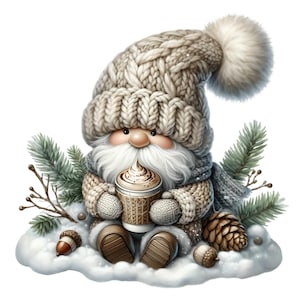 15 PNG di gnomo invernale – Clipart di gnomo natalizio con cappello di lana, cacao e pigne – Arte natalizia per biglietti, tazze, lavoretti invernali, decorazioni