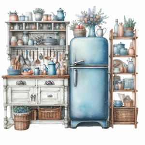 12 vintage keuken png-clipart - blauwe retro koelkast en boerderijplanken - cottage-kookscène voor doe-het-zelfprojecten en ambachten