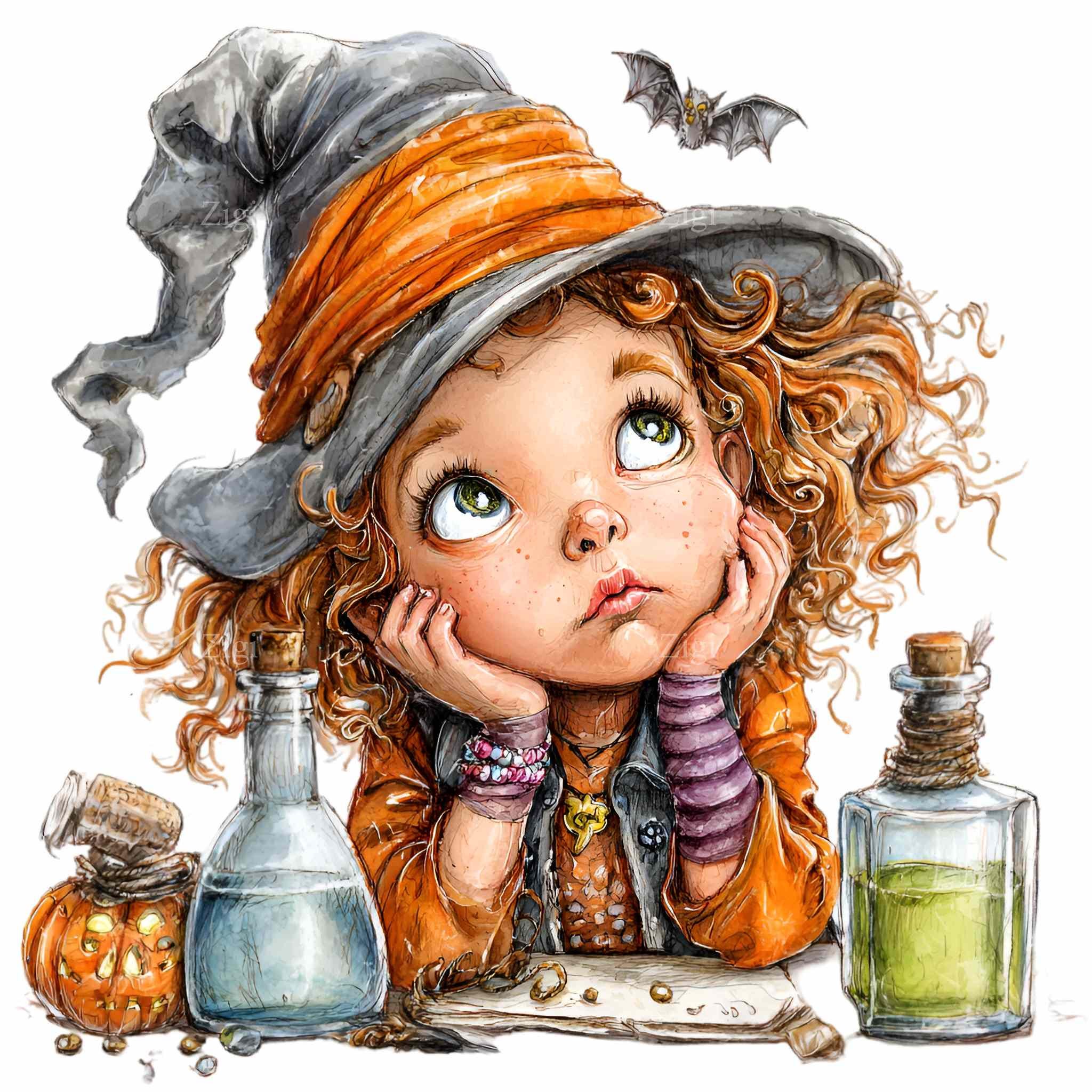 12 Halloween Witch Girl Png, Potion Bottles Pumpkin Sublimation