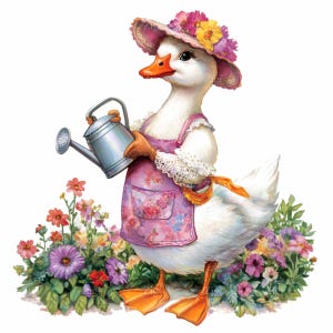 16 Pato de jardinagem PNG Clipart – Pato branco bonito em avental e chapéu segurando regador – Arte de jardim floral para sublimação