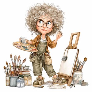 May include: A cartoon illustration of an artist with curly grey hair, wearing glasses and an apron, holding a paintbrush and palette. Paintbrushes, jars, and a canvas on an easel surround the artist, suggesting a creative studio setting.