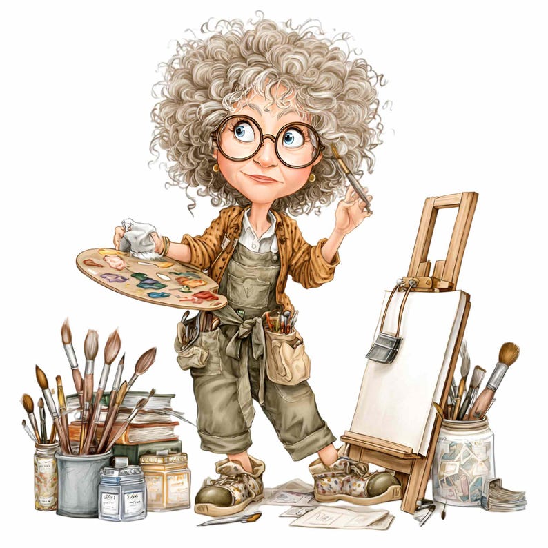 May include: A cartoon illustration of an artist with curly grey hair, wearing glasses and an apron, holding a paintbrush and palette. Paintbrushes, jars, and a canvas on an easel surround the artist, suggesting a creative studio setting.