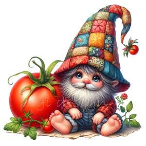 10 imágenes PNG de gnomos de tomate con sombrero de patchwork, estilo granja descalza y verduras de jardín. Arte de cosecha adorable para sublimación y manualidades.