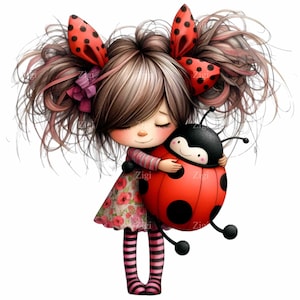 15 Ragazza carina che abbraccia la coccinella PNG, Illustrazione di bambino stravagante, Clipart digitale a tema coccinella