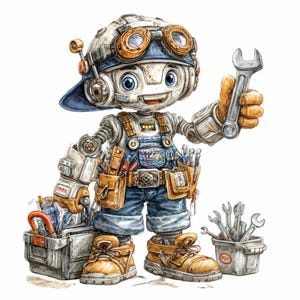 Op de afbeelding: Een aquarel illustratie van een vriendelijke robotmonteur met een blauwe pet, een bril en een overall. De robot houdt een moersleutel vast en heeft een gereedschapskist. De robot draagt bruine werkschoenen en een gereedschapsriem.