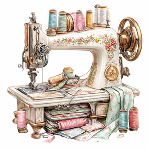 Puede incluir: Una máquina de coser vintage blanca con detalles florales y dorados. Bobinas de hilo de varios colores, incluyendo rosa, azul y amarillo, están dispuestas en la parte superior. Retazos de tela y accesorios de costura están esparcidos alrededor de la máquina.