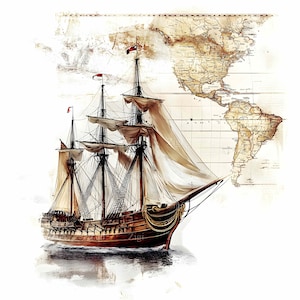 May include: A vintage illustration of a three-masted sailing ship with brown sails and a wooden hull, set against a faded background of a map of the Americas.