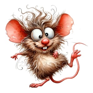 15 grappige muis clipart-png – wild haar cartoon muis met grote ogen, roze neus en pluizige vacht – digitale download