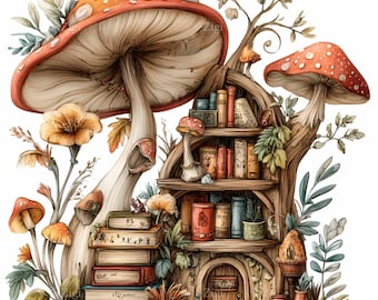 15 imágenes prediseñadas PNG de estantería de setas, casa de hadas y biblioteca