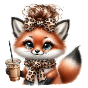 Puede incluir: Un zorro de dibujos animados con pelaje naranja, que lleva una bufanda y un lazo de estampado de leopardo, sostiene una taza de caf&eacute; helado con una pajita.