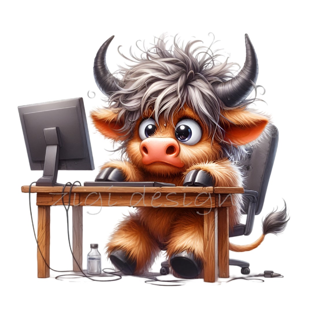 12 Highland Cow PNG Clipart - Cute Furry Bull Working on Computer ...