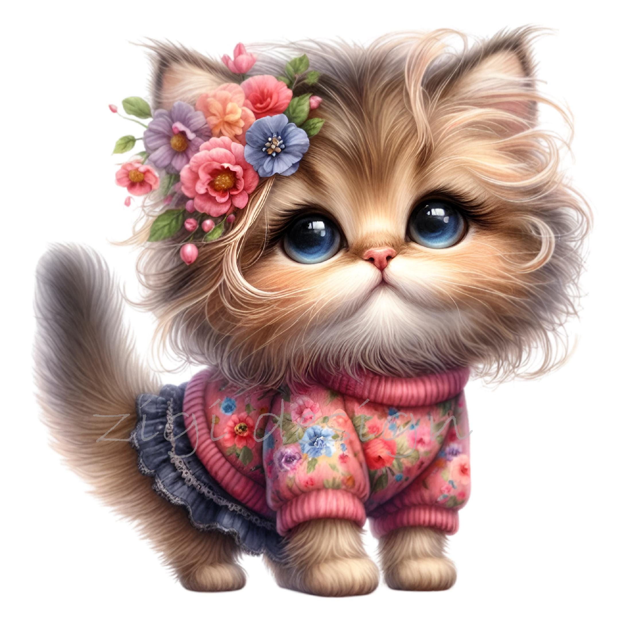 12 PNG Floral Cat Clipart – Whimsical Kitten Illustration With Colorful ...