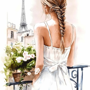 28 JPEG Paris balcon fille Clipart JPG, femme élégante avec une tresse en robe blanche donnant sur la tour Eiffel, impression d'art numérique