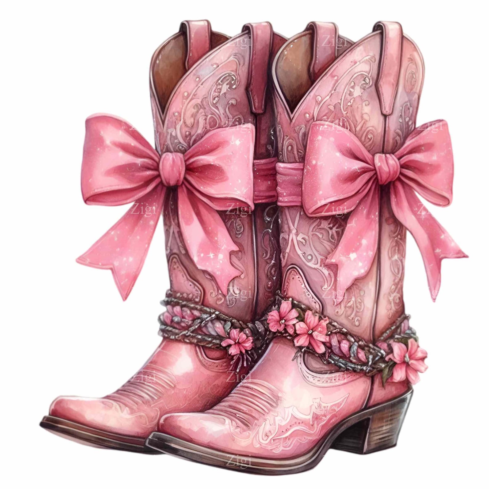 12 Pink Cowgirl Boots PNG Clipart, Western Boots With Bows and Flowers ...