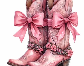 12 PNG Pink Cowboy Boots Western Ribbon Bow Floral Clipart