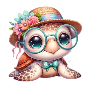 12 imágenes prediseñadas de tortugas: sombrero floral, anteojos y pajarita: linda ilustración para manualidades y decoración