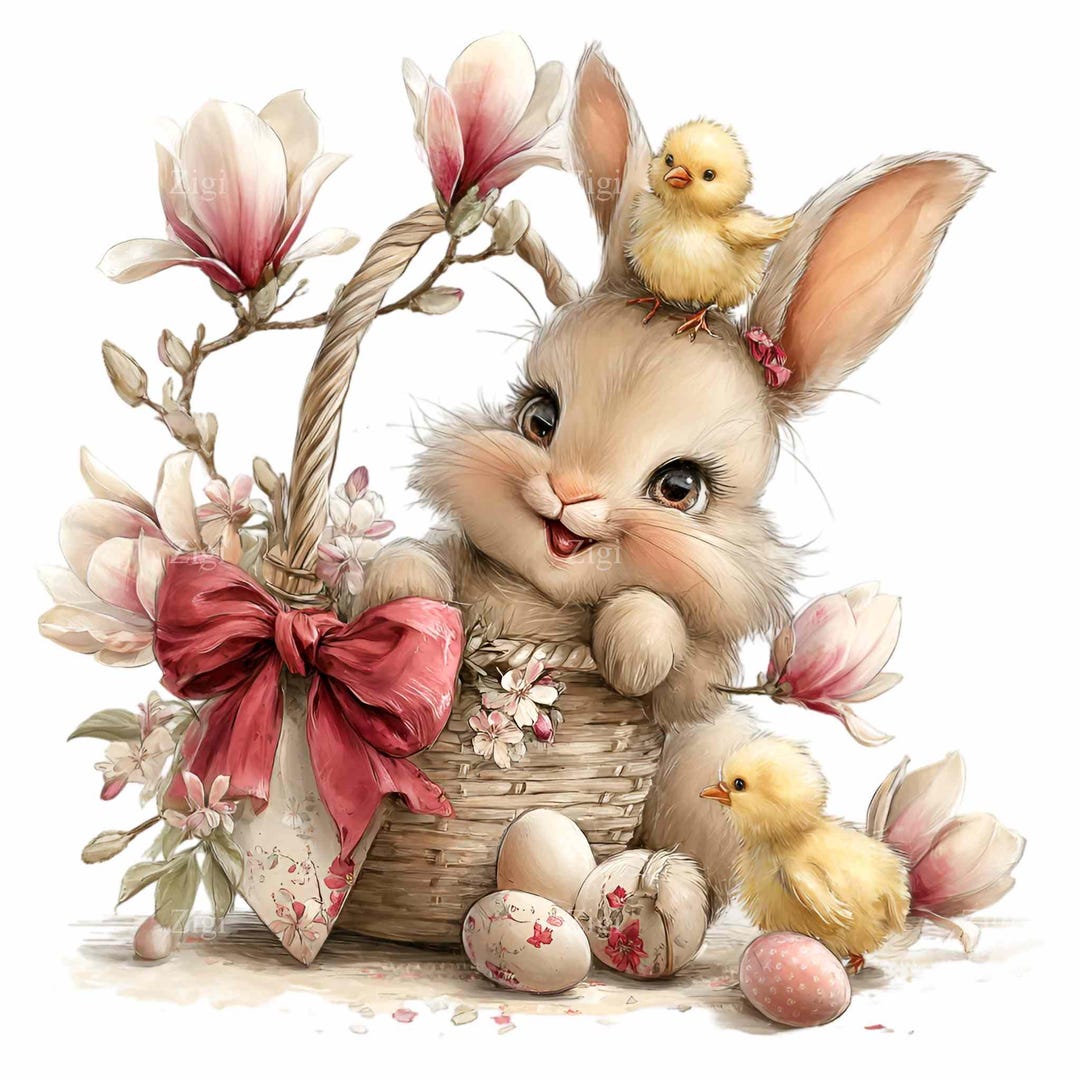 16 PNG Spring Bunny Basket Clipart, Floral Rabbit With Chicks ...