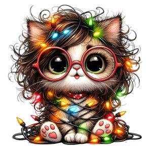 10 cliparts de chat de Noël PNG - mignon animal de compagnie duveteux emmêlé dans des lumières de Noël colorées, grands yeux, lunettes rouges, art festif