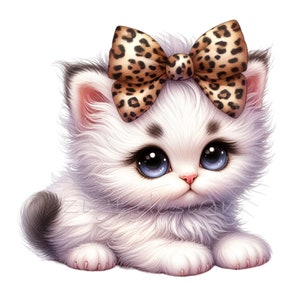 12 cliparts PNG mignon chaton duveteux avec de grands yeux bleus et un noeud léopard - Adorable oeuvre d'art chat blanc pour travaux manuels et autocollants