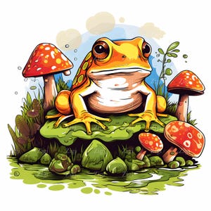 24 JPEG Rana arancione carina su una foglia di ninfea con funghi rossi in uno stagno nella foresta, arte di animali del bosco stravaganti, clipart JPG per lavori artigianali e stampe