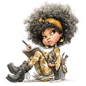 12 JPEG Afro Hair Girl Journaling – Artistieke JPG-clipart – Stijlvol stripfiguur voor planners, notitieboeken, kunstafdrukken op school, decorpagina's