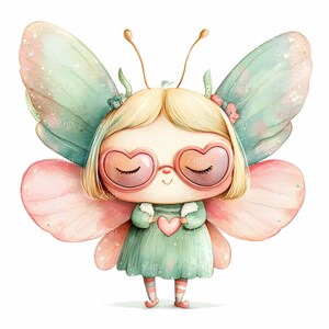16 imágenes prediseñadas en formato JPEG de lindas hadas: alas pastel y gafas con forma de corazón: arte JPEG de fantasía caprichosa