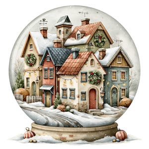 May include: A snow globe featuring a cluster of houses with snow-covered roofs, red and blue siding, and stone foundations. The scene includes green wreaths, string lights, and a snowy path. The base is tan with two striped ornaments at the bottom.