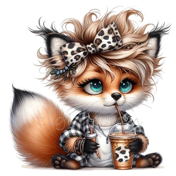 12 PNG Trendy Fox Clipart – Fashion Fox with Leopard Bow & Coffee – Cute Animal Art for Stickers, Tumblers, Planners, Sublimation