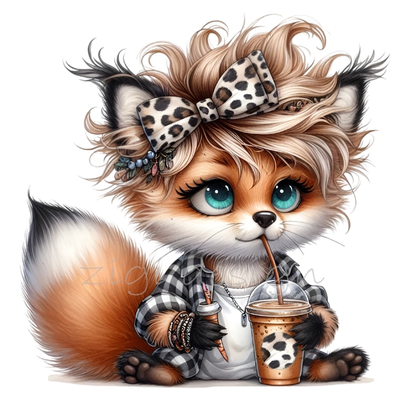 Trendy Fox Clipart – PNG Fashion Fox with Leopard Bow & Coffee – Cute Animal Art for Stickers, Tumblers, Planners, Sublimation