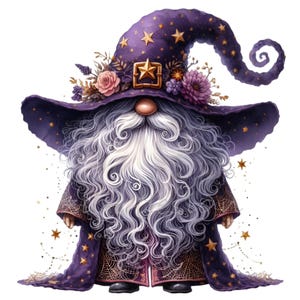 15 PNG Gnomo magico mago, Clipart gnomo mistico con cappello stellato, Download digitale gnomo barbuto fantasy