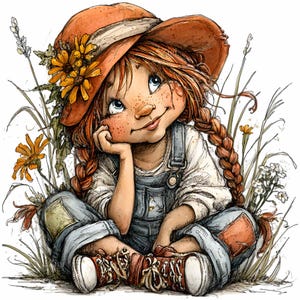 Könnte beinhalten: Eine skurrile Illustration einer jungen Person mit roten Zöpfen, Sommersprossen und blauen Augen, die einen Strohhut mit Sonnenblumen, eine Jeans-Latzhose und rote Turnschuhe trägt. Die Person sitzt im hohen Gras und stützt das Kinn auf die Hand, mit einem nachdenklichen Ausdruck.