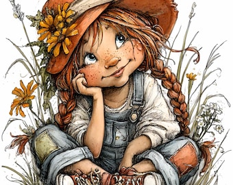 14 PNG Whimsical Girl Clipart – Country Farm PNG – Cute Redhead Illustration for Kids Decor, Nursery Wall Art, Sublimation Design