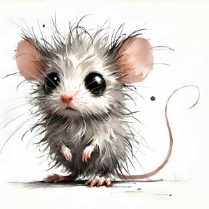 Ilustración JPEG de un ratón peludo en formato JPG: adorable ratón bebé con ojos grandes: obra de arte caprichosa en estilo acuarela