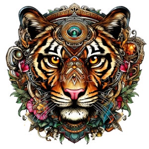 12 imágenes PNG de cabezas de tigre místicas con joyas tribales, detalles de mandalas y flores. Arte espiritual de animales de la selva para sublimación y manualidades.