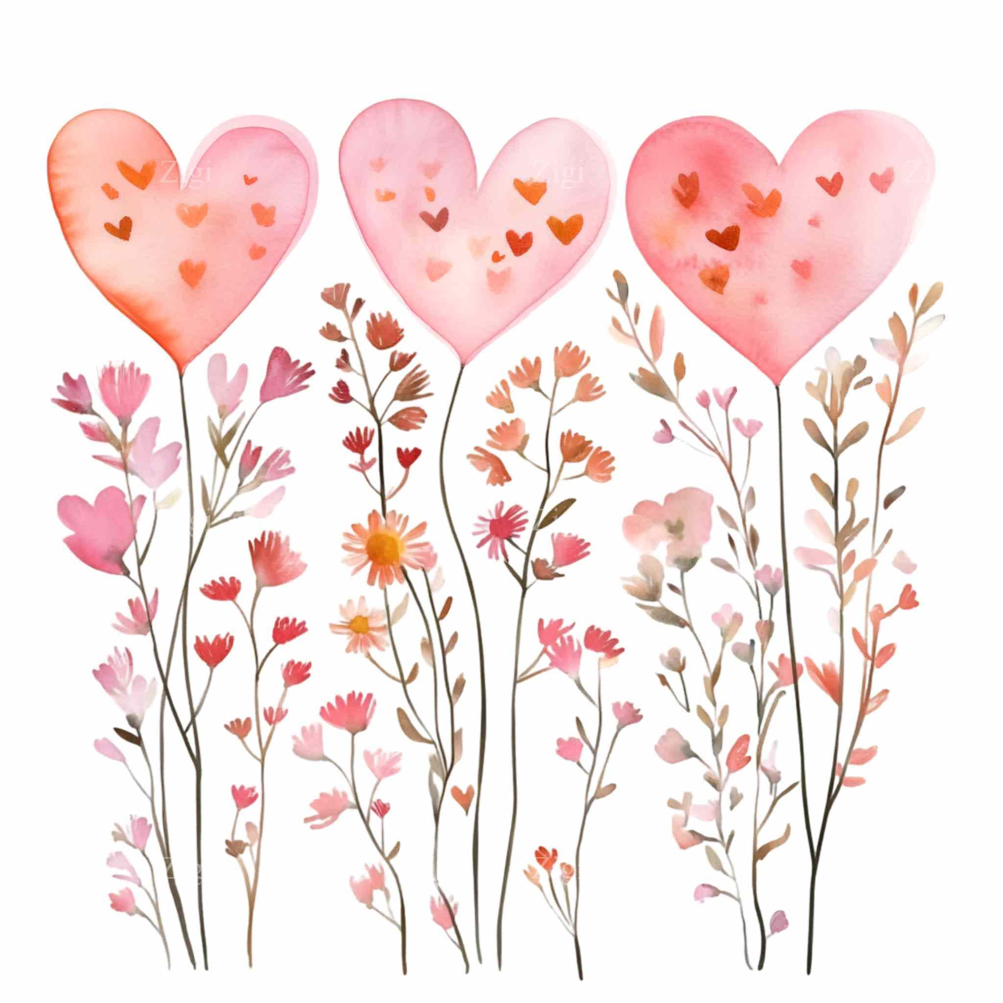 20 PNG Watercolor Heart Wildflower Clipart, Pink Floral Valentine - Etsy