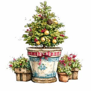May include: A watercolour illustration of a small Christmas tree in a blue and white pot with a red and white plaid ribbon. The tree is decorated with yellow ornaments, red berries, and pinecones. Additional potted plants surround the tree.